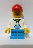 LEGO twn372 Child Boy with White Hoodie with Blue Pockets, Dark Azure Short Legs, Red Short Bill Cap